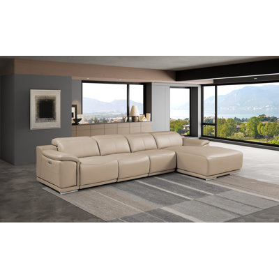 DivanItalia Cream Right-Facing 4-Piece L-Shaped Sectional in Top-Grain Italian Leather with 1 Power Recliner & Adjustable Headrests – Open Seating Design