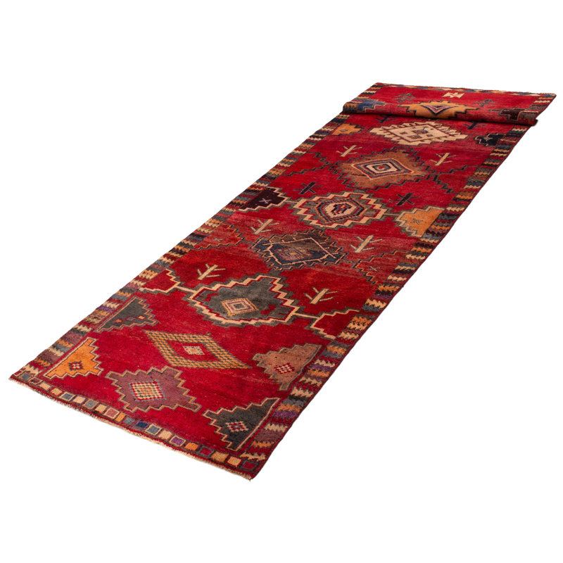 Tapis de couloir unique en laine de style années 1990 4 pi 4 po x 14 pi Melis Rouge