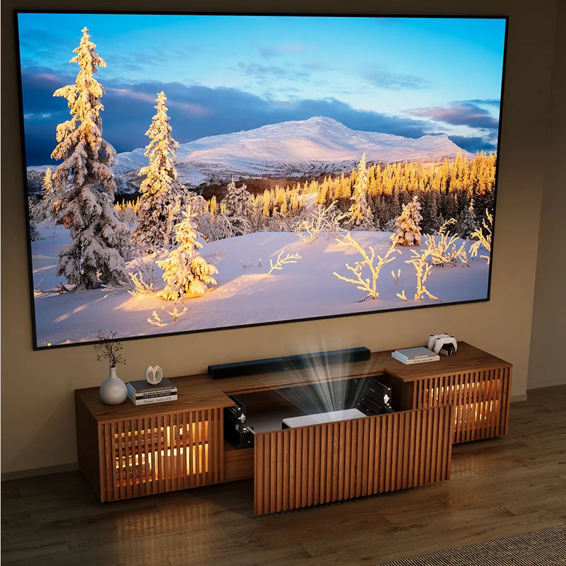 86" Modern Electric TV Stand With UST Projector Cabinet & LED Lights, Walnut