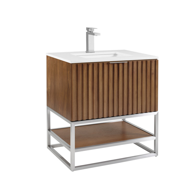 Terra 30'' Single Bathroom Vanity with Top, Walnut, White Quartz/Single Faucet Mount, Brushed Nickel