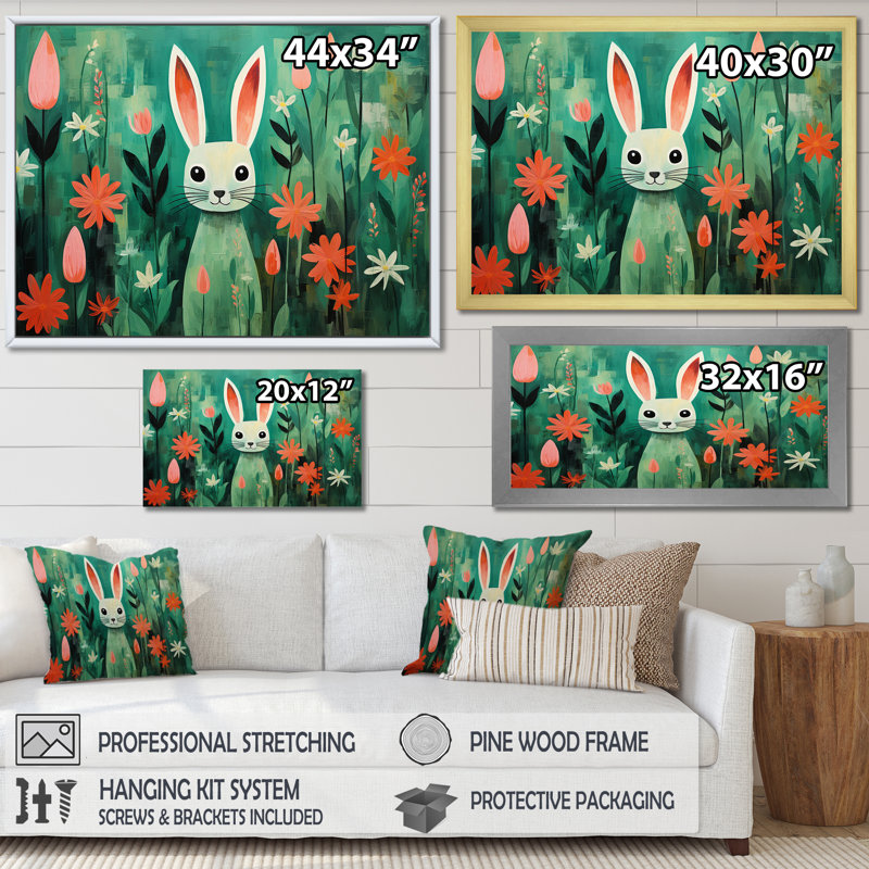 Vert et rose, fleurs de lapin, prairies - Lapin, art mural, Cadre d'angle fermé noir, H 24 po x l 32 po x P 1 po