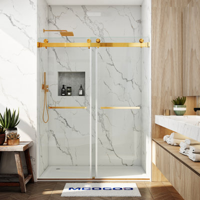 Porte de douche à double coulissement lisse sans cadre avec verre transparent de 3/8 po (10 mm) Opal Mirage MCOCOD l 56-61 "x H 79"