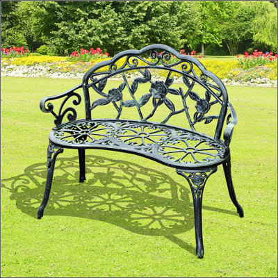 Banc en métal avec accent floral rose et finition antique