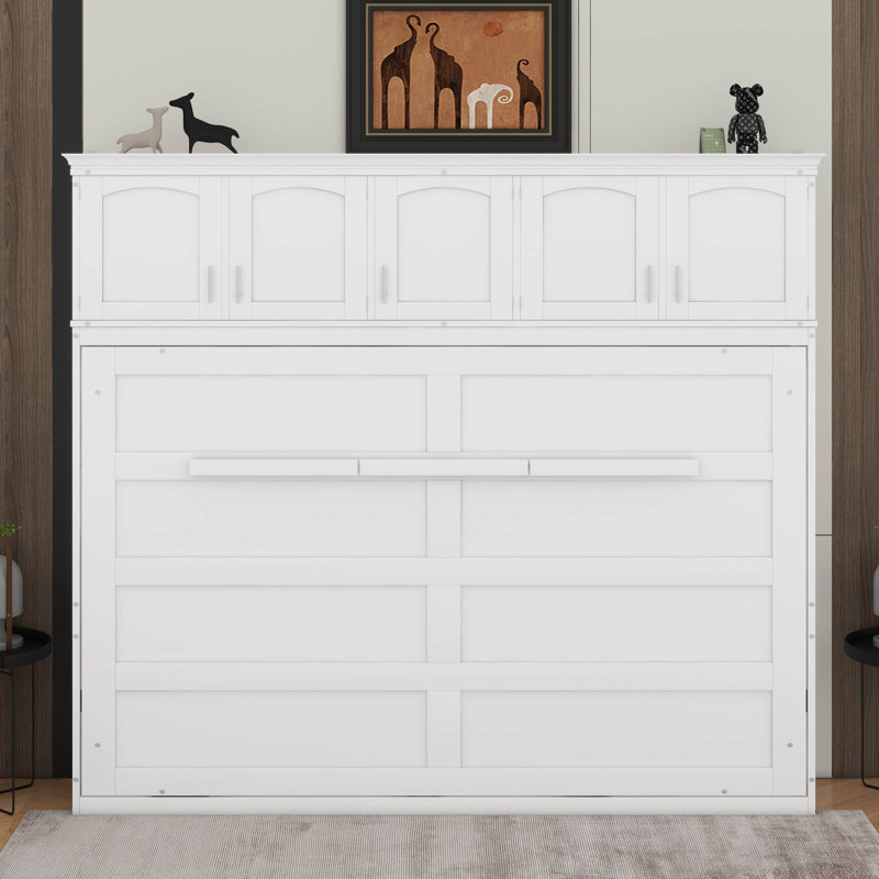 Lit escamotable avec armoires supérieures, Blanc, Grand lit