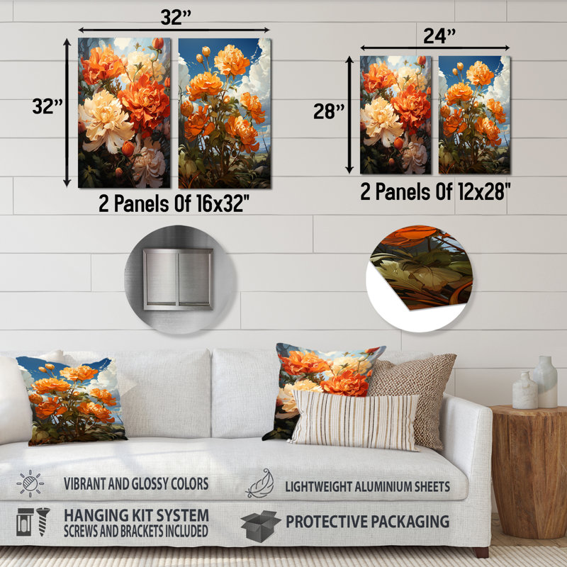 Pivoine beauté I - ensemble de 2 reproductions en métal pivoines, H 32 po x l 32 po