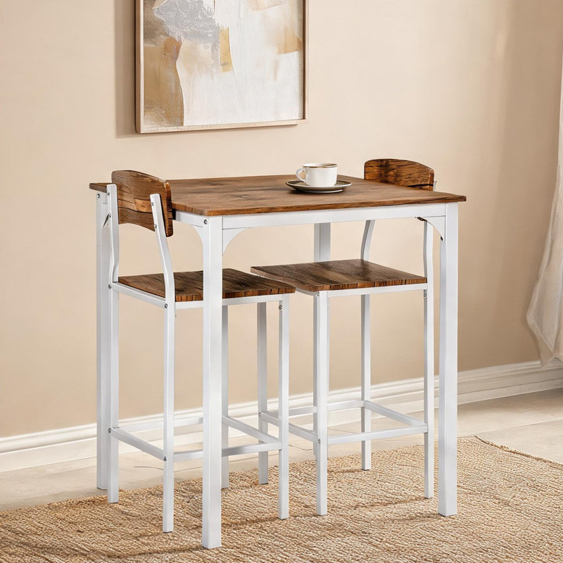 Ensemble de 3 tables de bar carrées à hauteur de comptoir avec repose-pieds, acier blanc classique et panneau de fibres à densité moyenne
