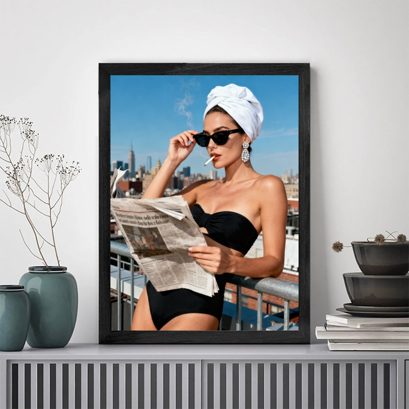 «Black», encadré noir, loisirs, plage, journal, lecture, fille, art mural, impressions de style rétro, H 11 po x l 9 po