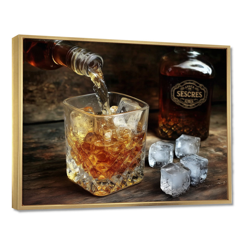 «Glass of Whiskey», impression sur toile, décoration murale de cuisine jaune, Cadre flottant, H 12 po x l 20 po, Doré