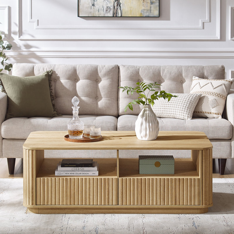 Table basse cannelée l 52 po avec tablette ouverte et 2 tiroirs, Natural Oak