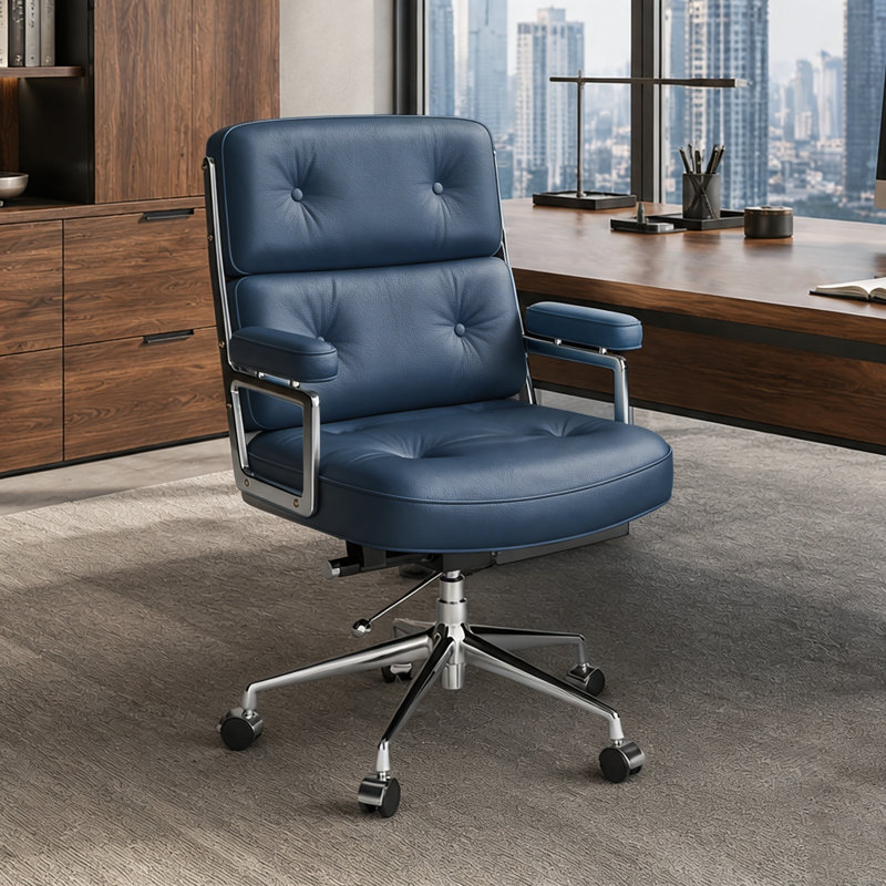 Chaise de bureau pivotante en cuir véritable avec base en aluminium, Bleu
