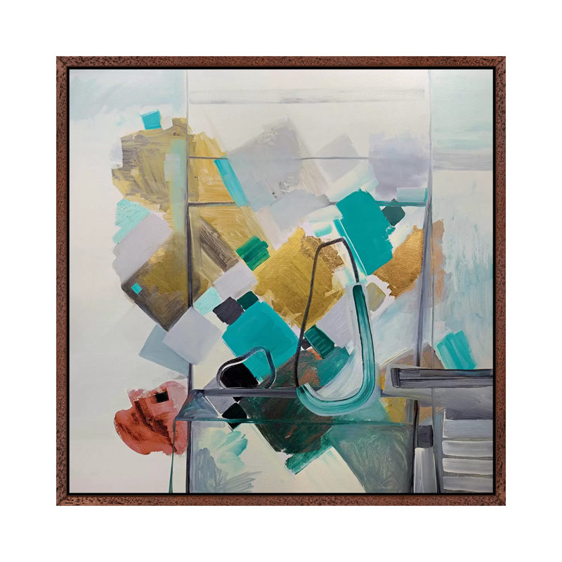 Table Top II by Pamela Staker - Painting on Canvas, Classic Brown Wood Framed, 45.72 cm H x 45.72 cm W