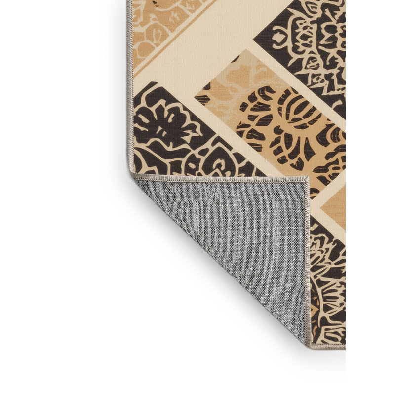 Machine Washable Arverne Global Inspired Block Print Rug in Brown – Beige Binding, 3x5