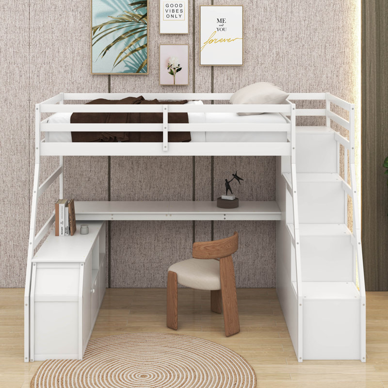 Lit mezzanine simple avec tiroirs, tablettes et bureau, Blanc