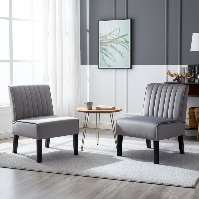 Antanina Wide Slipper Chair,Accent chair,Reading chair with solid wood legs , Gray Velvet