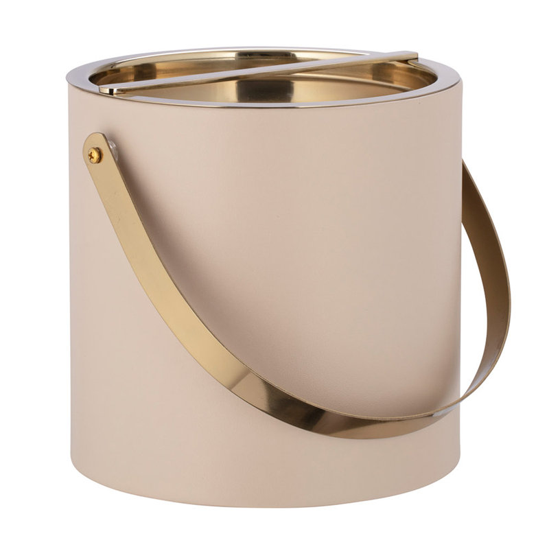 Senetta Leatherette Ice Bucket, Taupe/Polished Gold