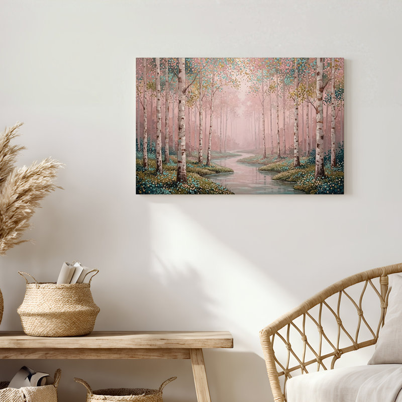Art mural sur toile White Birch Trees In Pink Misty Forest, H 24 po x l 36 po