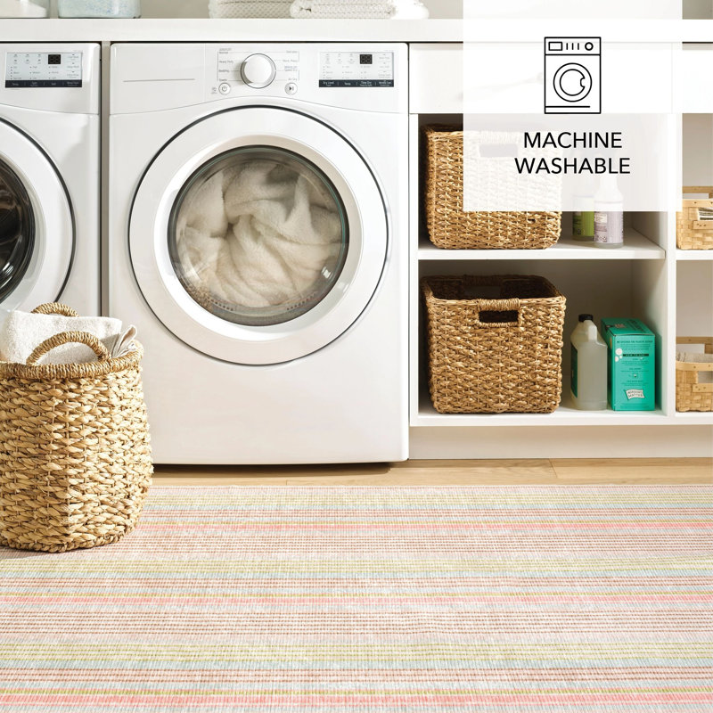 Ana Ticking Aqua Machine Washable Rug, Rectangle 2' x 3'