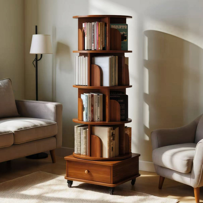 360 Display 5 Tier Corner Bookshelf With Drawer, Floor Standing Degree Rotating Wood Narrow Book Shelf Organizer For Small Bedroom And Living Room, Walnut Brown Spaces,