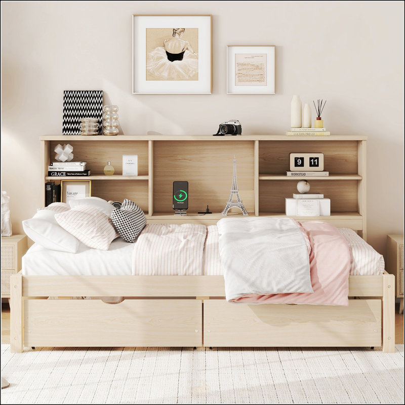 Cadre de lit simple avec tablettes latérales, Naturel