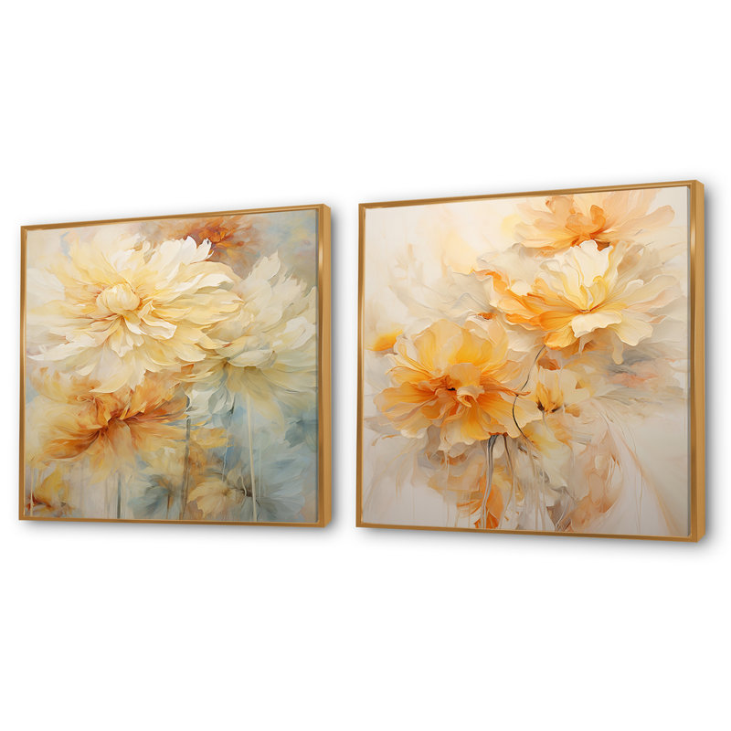Bouquet de feuilles mortes élégantes pêche et souci III - lot de collages carrés souci, Cadre flottant doré