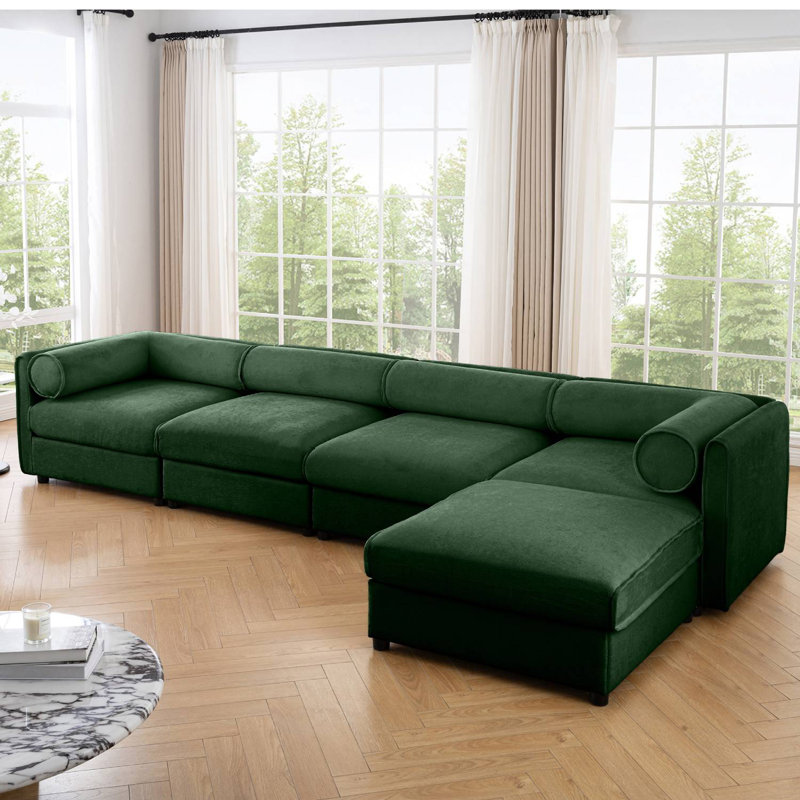 Ensemble modulaire rembourré 5 pièces avec repose-pieds avec rangement 5 pièces, Chenille verte