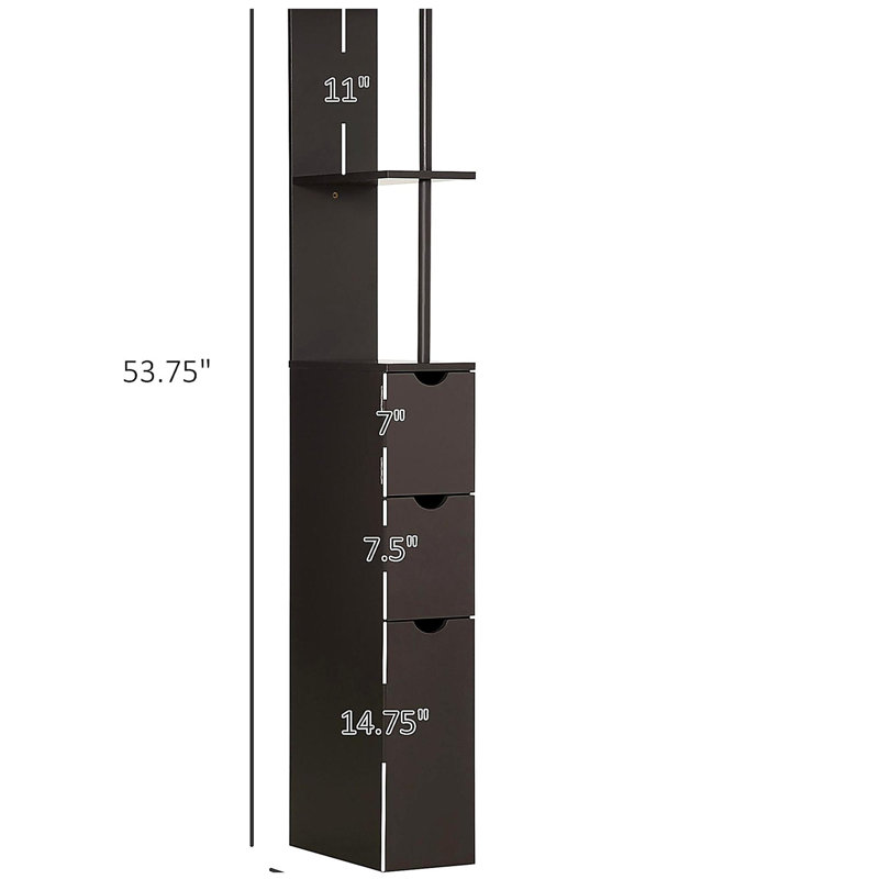 Armoire de rangement pour salle de bain de 54 po de hauteur, tour à linge autoportante avec tablette à 2 niveaux et tiroirs, rangement de plancher étroit