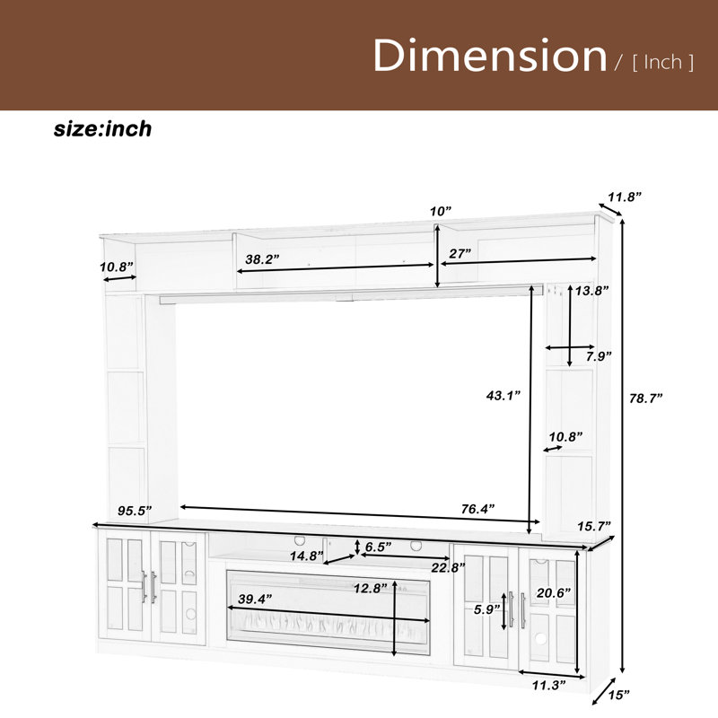95.5" W Wall Unit Entertainment Center With Bookshelves For Tvs Up To 80", Modern TV Stand Media Console With Electric Fireplace Cabinets, And Adjustable Shelves For Living Room