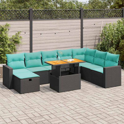  Ensemble de canapé de patio 9 pièces avec coussins en rotin de polyacacia noir