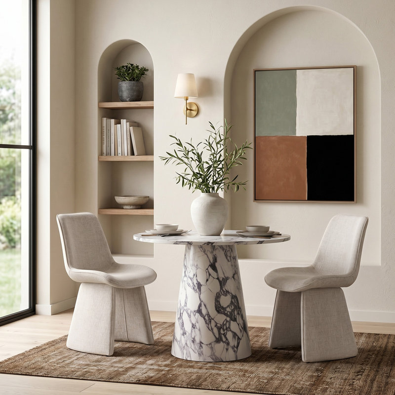 Ensemble de salle à manger rond 35 po avec 2 chaises rembourrées Theodore, Beige