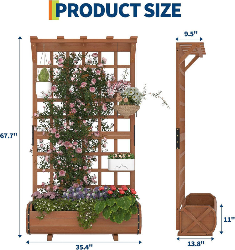 Lit de jardin surélevé de 67 pouces avec treillis et toit, jardinière en bois avec drainage pour cour et balcon