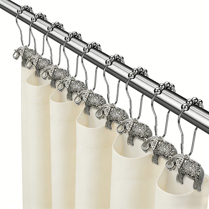 Paquet de 12 crochets de rideau de douche en acier inoxydable - Finition chromée rétro avec 5 boules à roulettes, crochets robustes résistants à la rouille pour un glissement en douceur, décor de salle de bain élégant