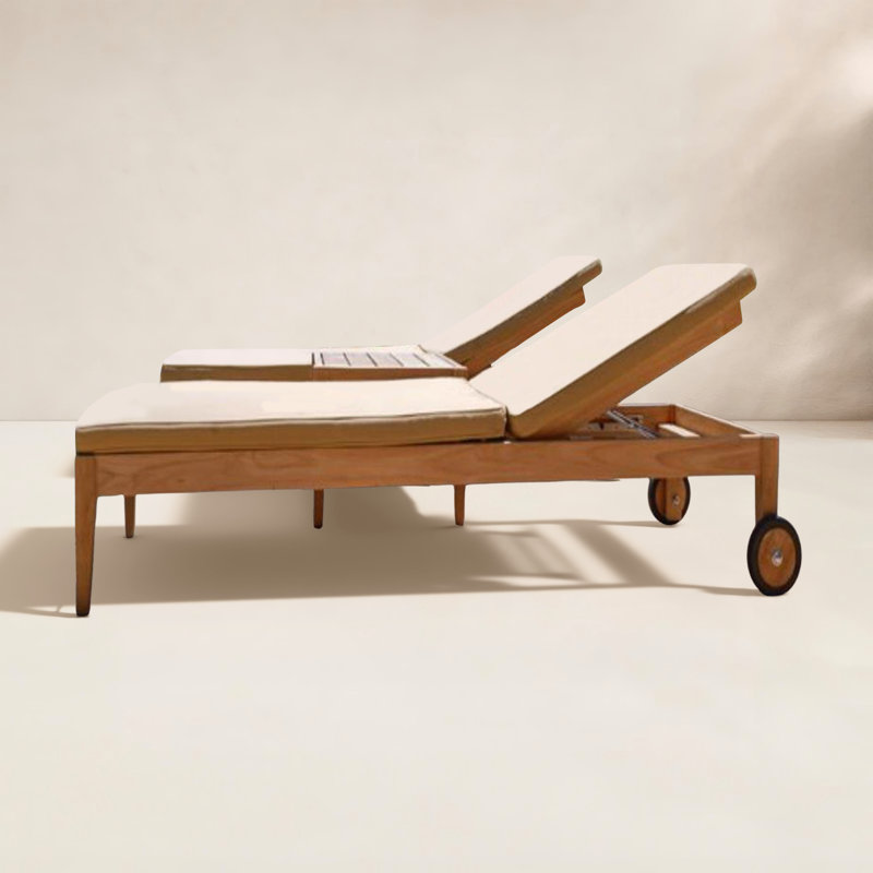 Outdoor Teak Wood Chaise Lounge Set with Table , Sunbrella Cushion Included, Tan