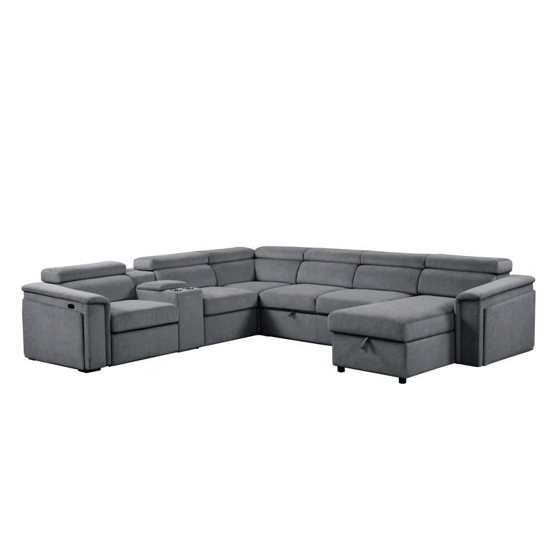 Jakiaya Sectional with Power Recliner and Storage Chaise, Gray