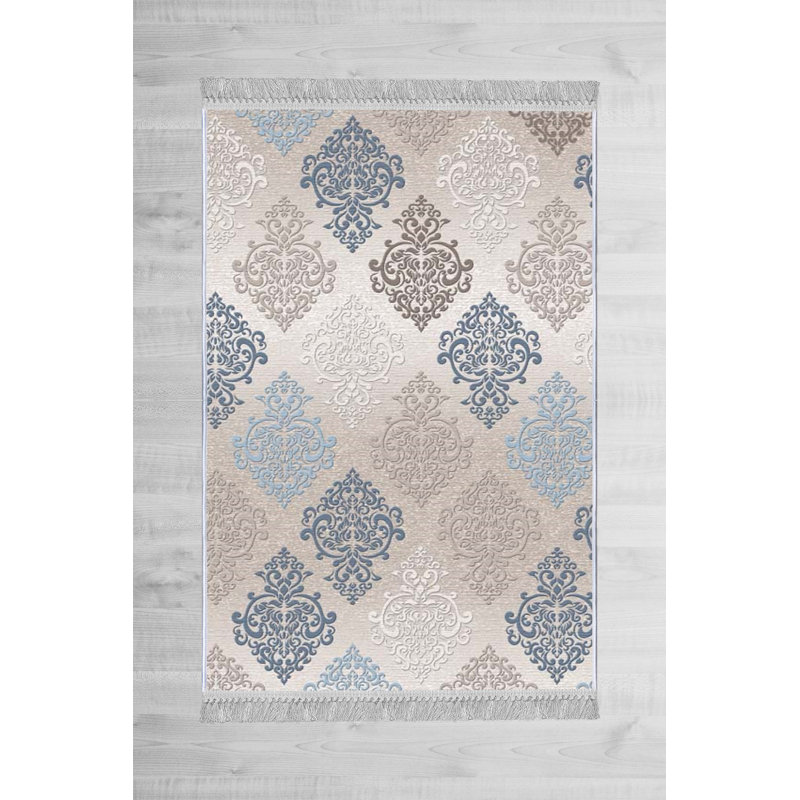 Tapis beige / bleu en velours tissé à plat Knapp, Rectangle 3 pi 3 po x 4 pi 11 po