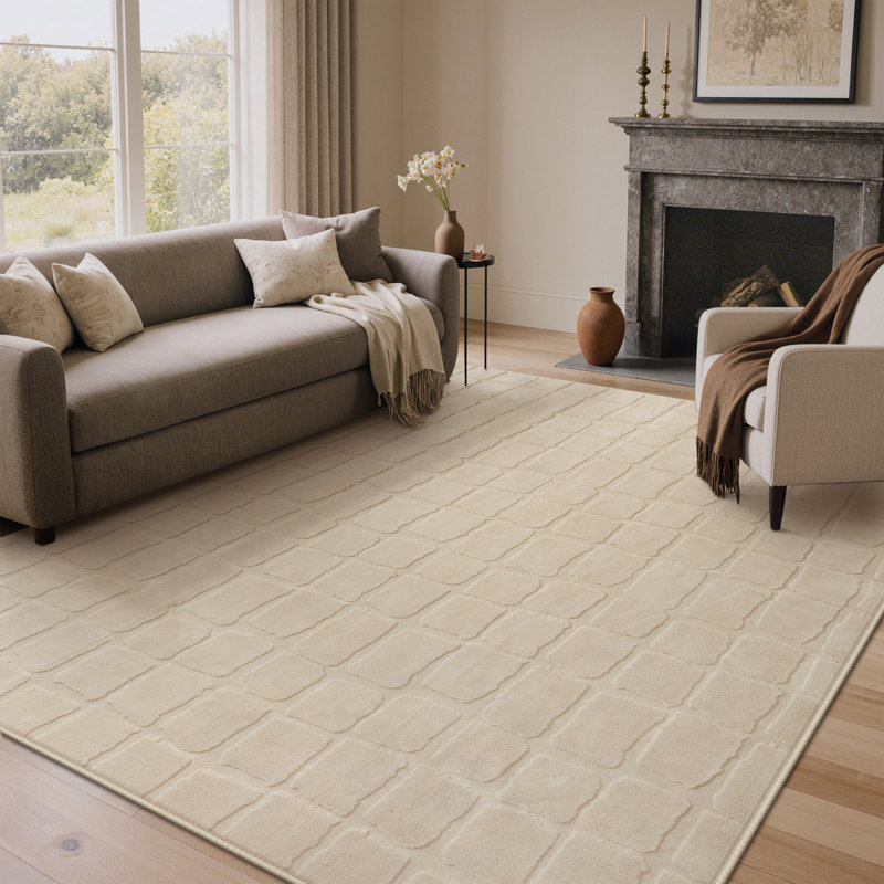 Tapis beige à poils longs et courts, relief lavable à la machine, Rectangle 5 pi x 7 pi