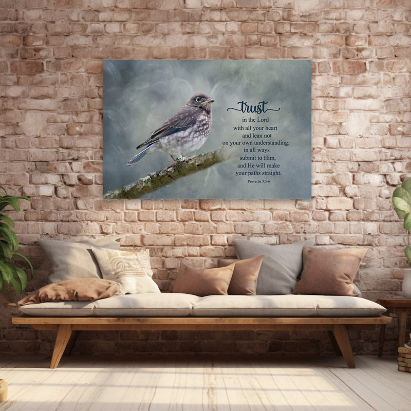 «Trust In The Lord» - Bluebird contemporain perché sur une branche - Écriture spirituelle - Proverbes 356, H 40 po x l 60 po
