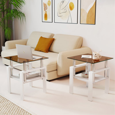 Ensemble de 2 tables à thé modernes en verre trempé, plateau en verre trempé avec panneau de fibres à densité moyenne, table basse, table de bout, table carrée pour le salon, transparent / blanc