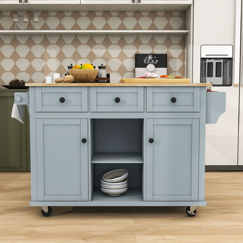 Chariot pour îlot de cuisine à roulettes Arlete avec abattant, 3 tiroirs et supports de rangement internes, Bleu