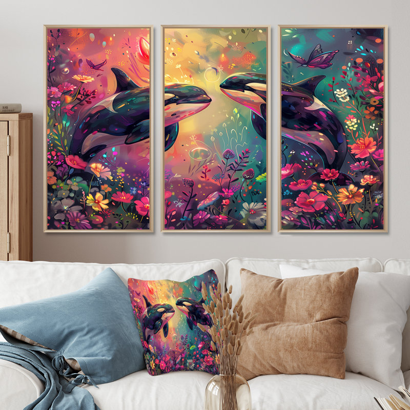 Alyviah - Ensemble de décoration murale baleine, Toile naturelle avec cadre flottant, H 28 po x l 36 po x P 1 po