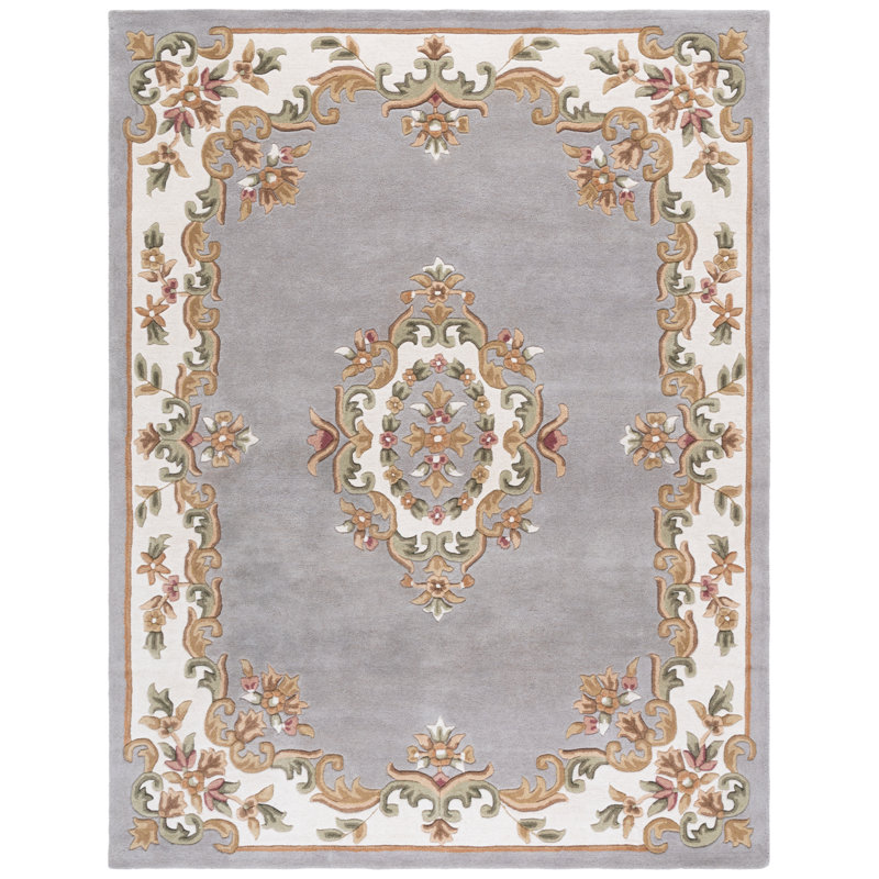 Tapis oriental gris / ivoire / brun en laine / coton touffeté à la main Aubusson 301, Rectangle 8 pi x 10 pi