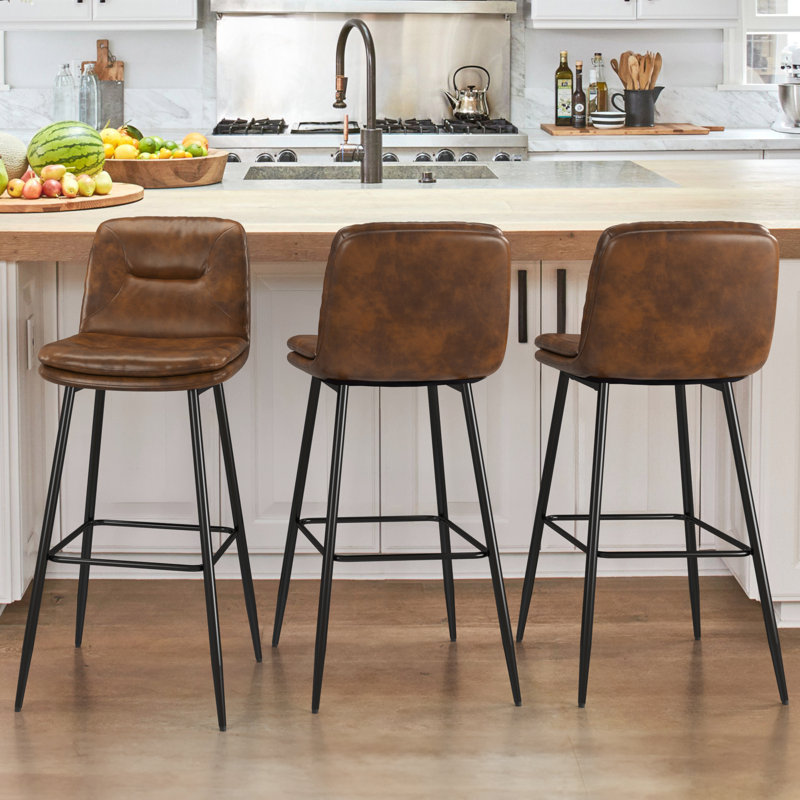 Pelayo Upholstered Leather Bar & Counter Stool, Yellowish Brown, Bar Stool (30" Seat Height)