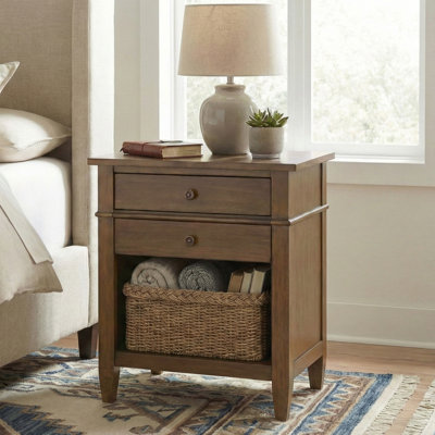 Carlton 24"W Solid Wood Transitional Nightstand with 2 Drawers, Open Storage Shelf and Bronze Hardware