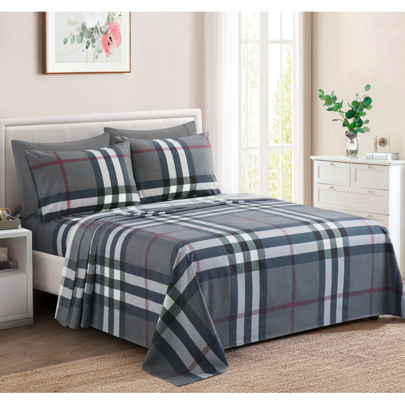 Marina Decoration Home Decor Bedding Bedroom Bedsheet Soft Silky Deep Pocket Rayon from Bamboo All Season 4 Pieces Printed Sheet Set with 2 Pillowcases, Modern Grey Tartan Pattern Twin/Single Size