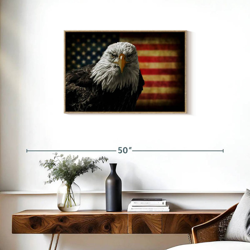 Aigle et drapeau de l'Amérique, Cadre flottant en bois naturel, 31 po x 21 po