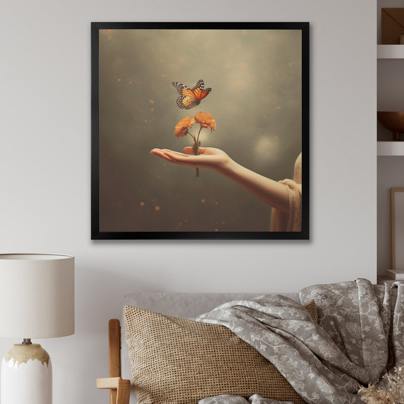 «Blossoming Butterfly Blessing» sur toile, Cadre simple noir, H 16 po x l 16 po x P 1 po