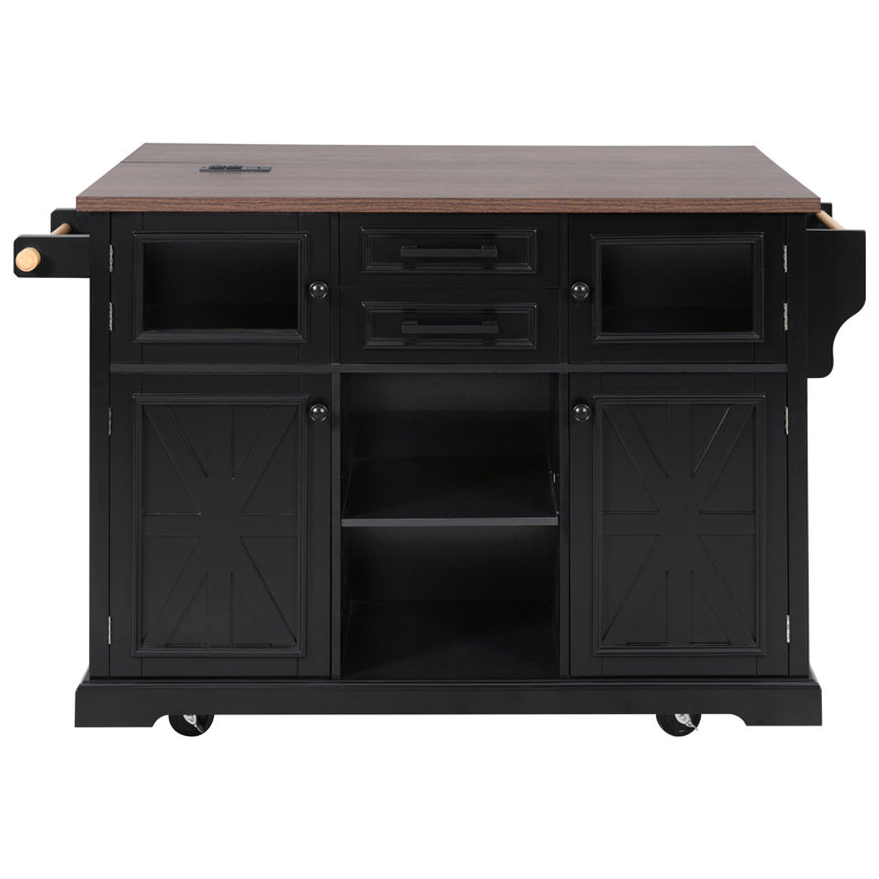 Kitchen Island With Drop Leaf And Power Outlet, Black
