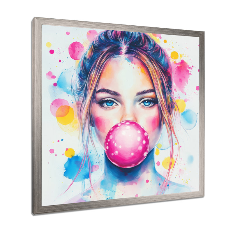 Portrait de la femme à gomme rose et bleue II - Tableau encadré de style pop art, H 30 po x l 30 po, Silver Picture Framed