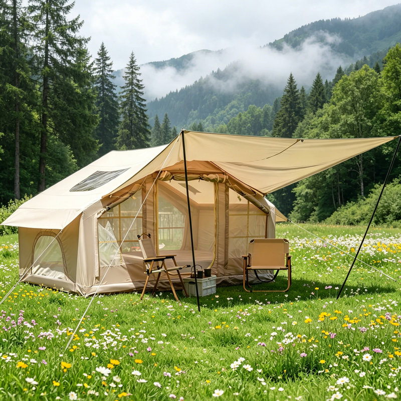 Tente de camping gonflable 4 saisons 420D Oxford avec auvent, lanterneau transparent et fenêtres en maille 7 pi x 10 pi Beige