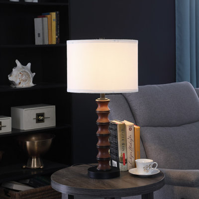 27.5 Inch Coastal Modern Table Lamp – Dark Cherry Wood-look Polyresin With White Cotton Linen Drum Shade, E26 Bulb Compatible, Ul Listed