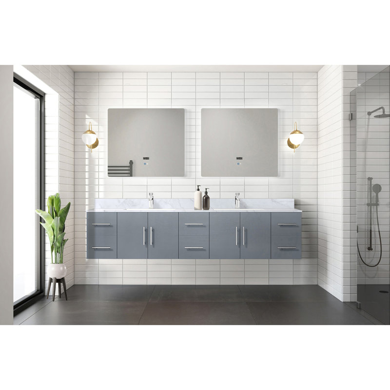 Meuble-lavabo double l 84 po x P 22 po, comptoir en marbre de Carrare, ensemble de robinet et miroirs à DEL 36 po, Gris foncé